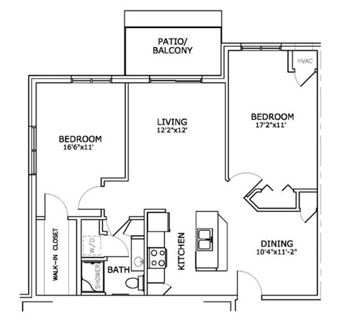 A black and white image of a house floor plan with a living room, two bedrooms, a bathroom, a walk-in closet, a dining area, and a kitchen.